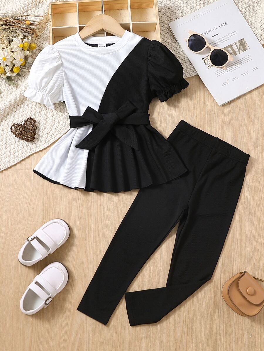 Young Girl Black And White Colorblock Elegant And Vintage Princess Sleeve Mini Dress With Light Luxury And Simple Design For Summer,Holiday,Summer,Travel