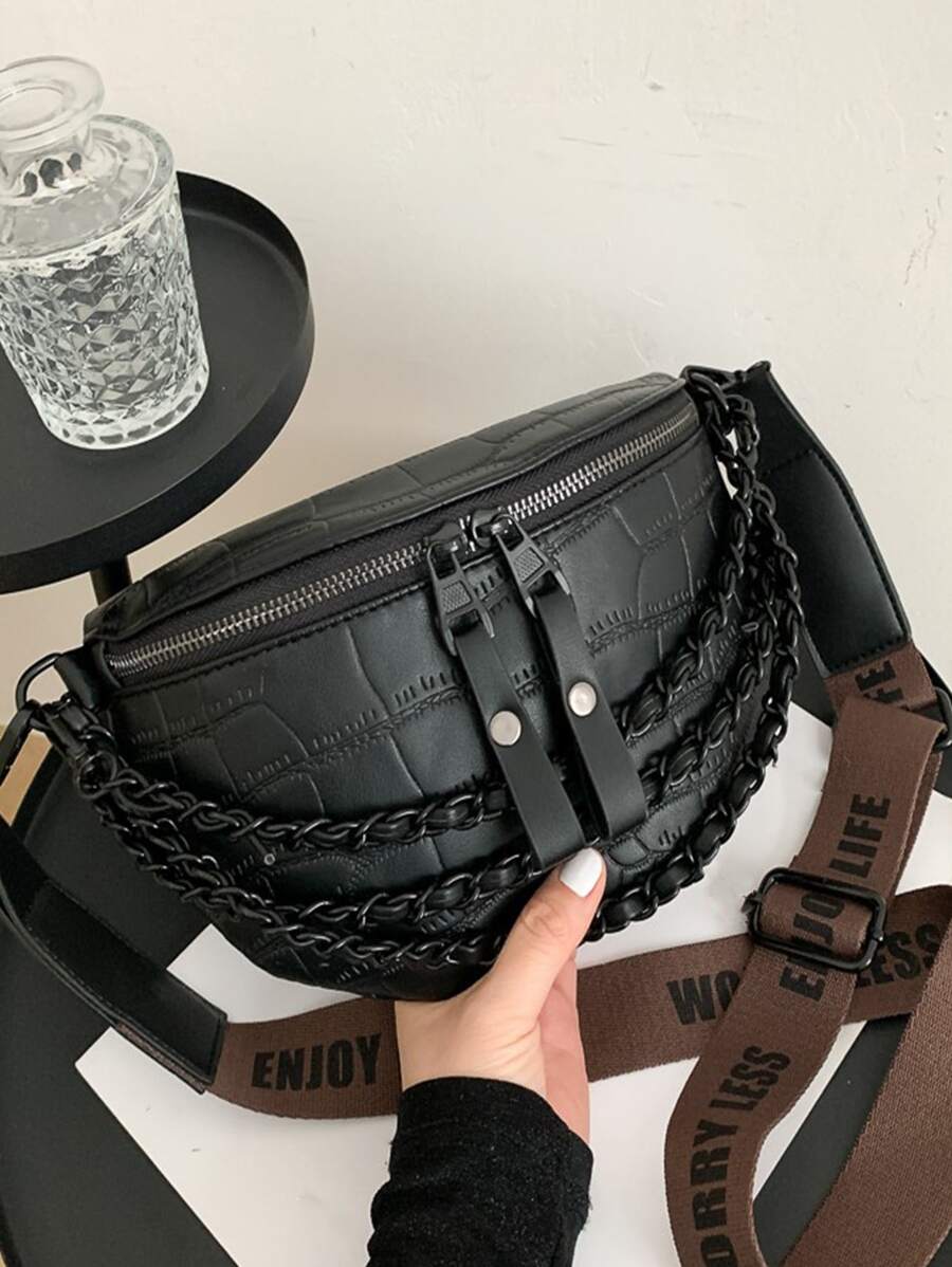 Mini bolso de hombro cruzado de moda con efecto relieve, unicolor, impresión de letras y correa de cadena para ir de compras y de vacaciones