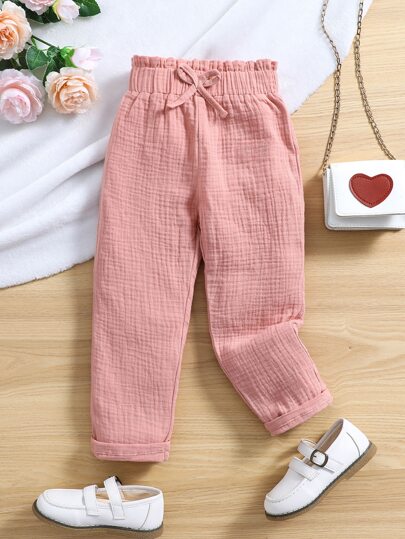 SHEIN Toddler Girls Paperbag Waist Bow Front Trousers