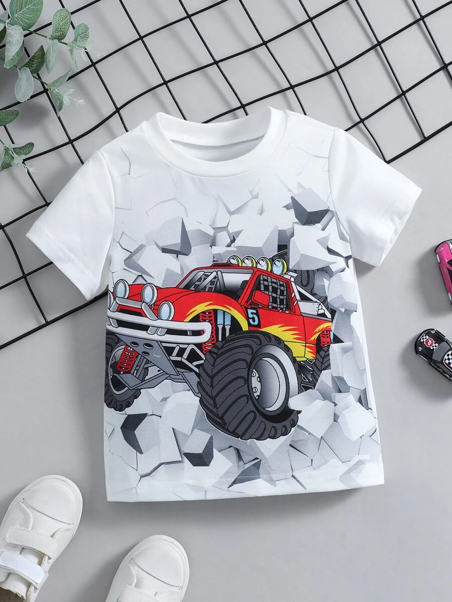 SHEIN garoto jovem Branco Veículo Minimalista & Fofo Estilo De Rua Camiseta , Regular Manga Curta , Verão