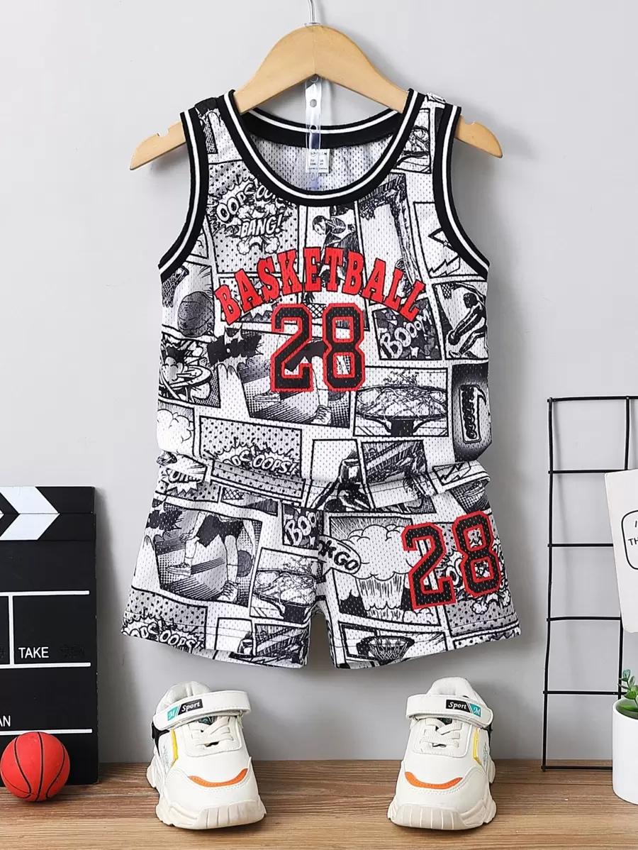 SHEIN Young Boy Black & White Letter And Cartoon Print Casual Sports Coordinating Set With Round Neck For Streetwear, Summer