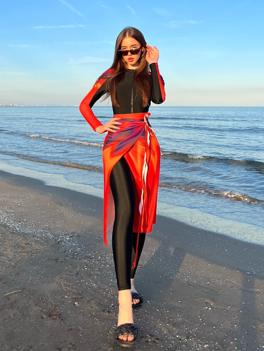 Swim Shayni Full Body Colorblock Burkini Swimsuit With Beach Skirt SummerArabic Clothing