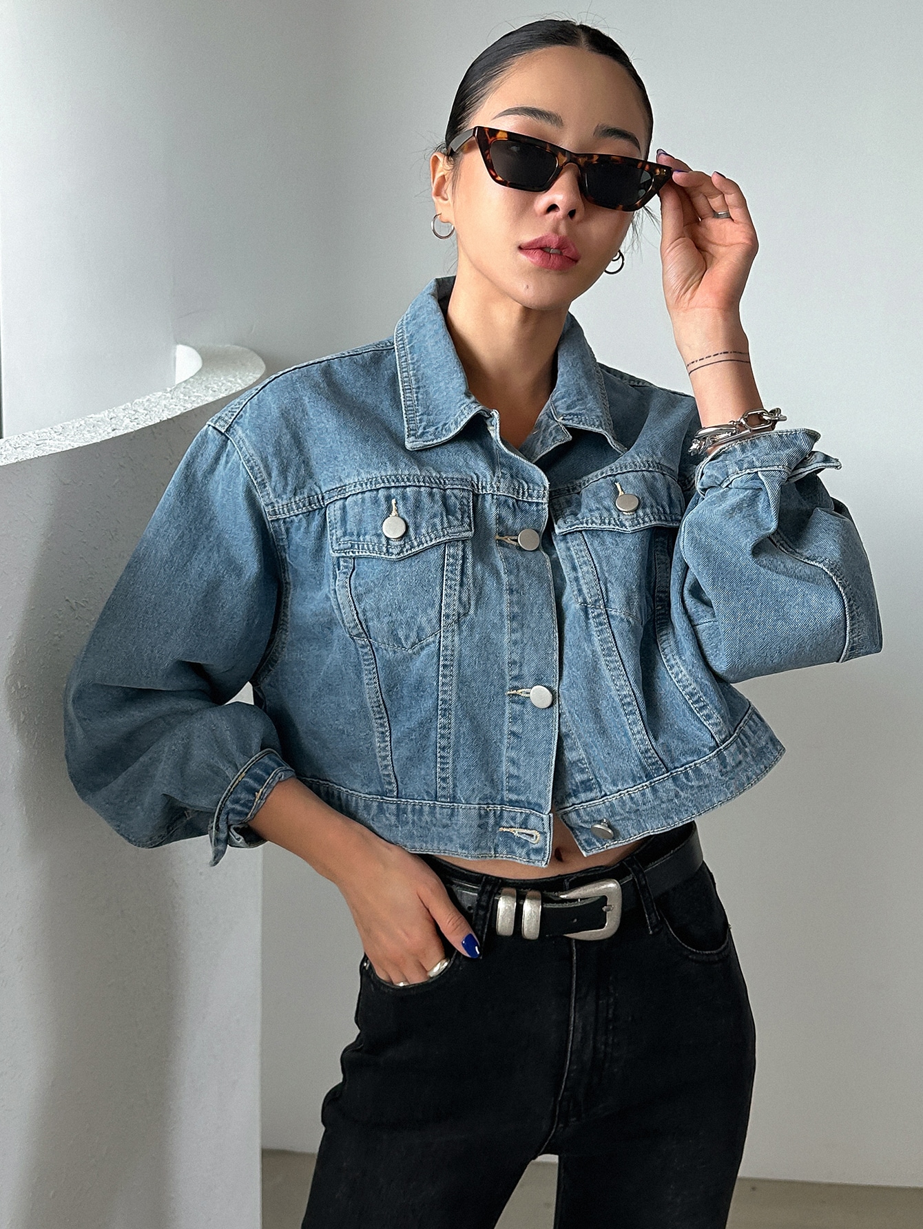 Drop Shoulder Crop Denim Jacket｜DAZY