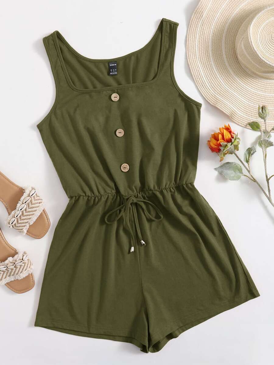 SHEIN VCAY Mono tank con botón delantero de cintura con cordón