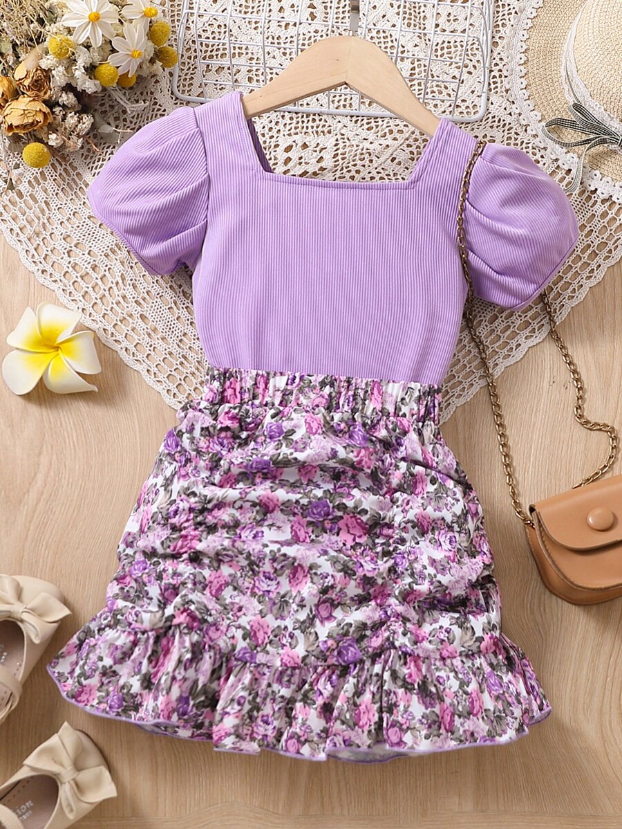 Jeune fille fleur imprimé décontracté vacances doux frais col carré deux pièces ensemble avec manches de princesse pour l'été
