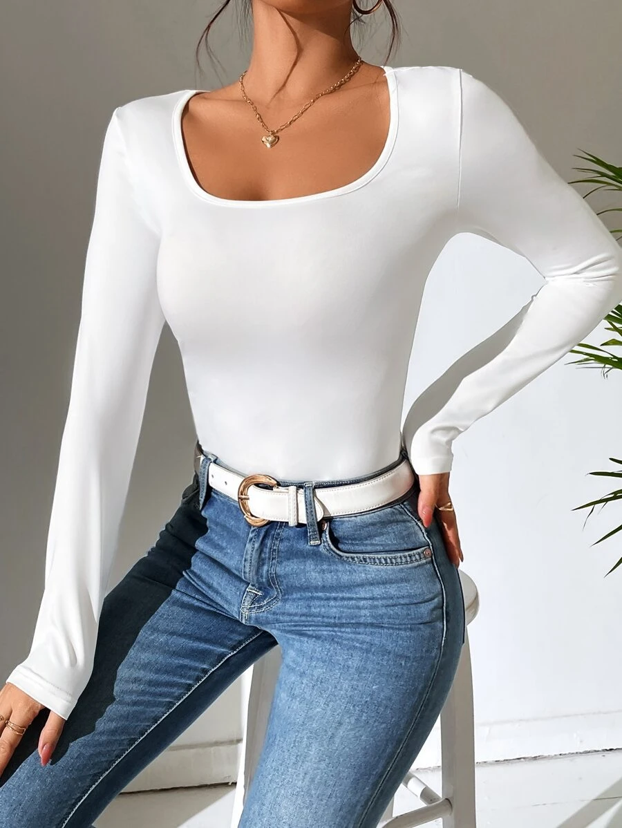 SHEIN PETITE Scoop Neck Slim Fit Spring Women Tee