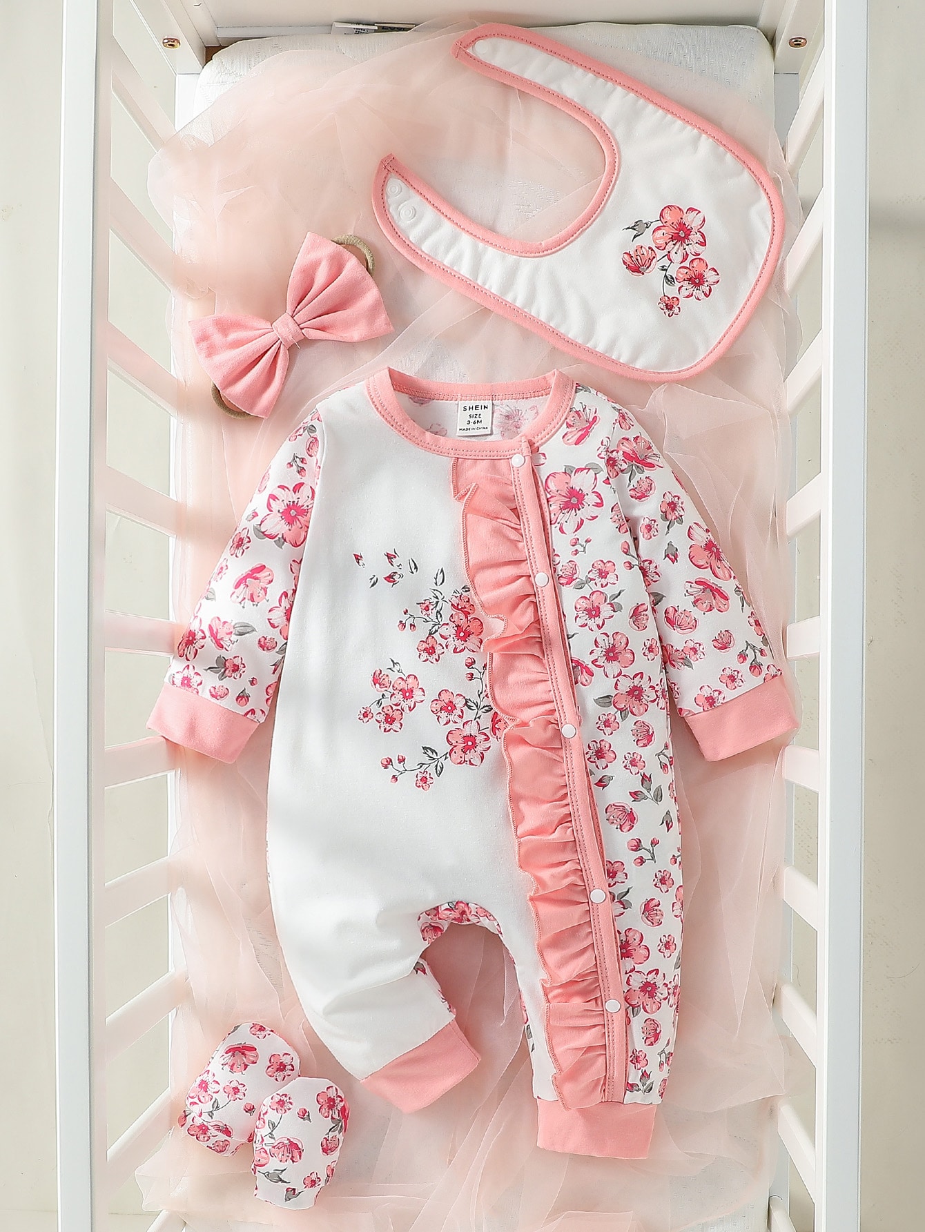 Newborn Baby Floral Print Ruffle Trim Jumpsuit & Accessory Headband
