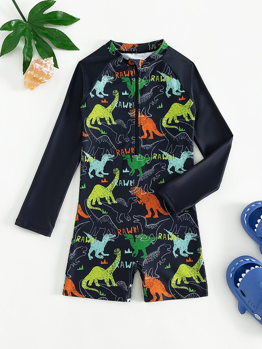 Tween Boy Dinosaur Print Zipper Front One Piece Swimsuit
