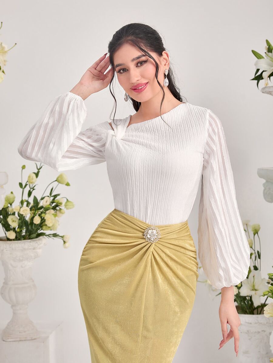 Modelyn Solid Twist Asymmetrical Neck Lantern Sleeve Top