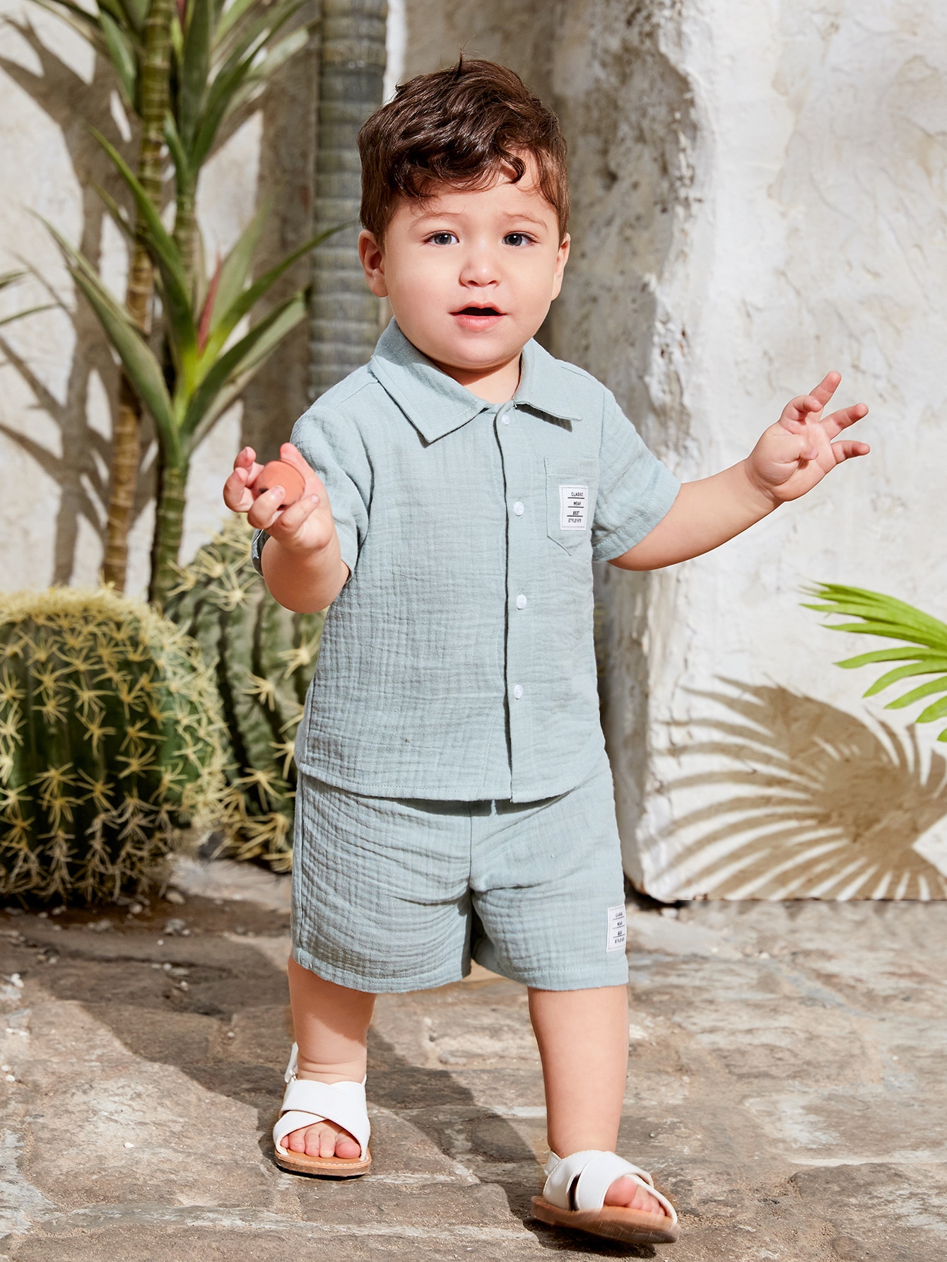 SHEIN Baby Letter Patched Button Front Shirt & Shorts