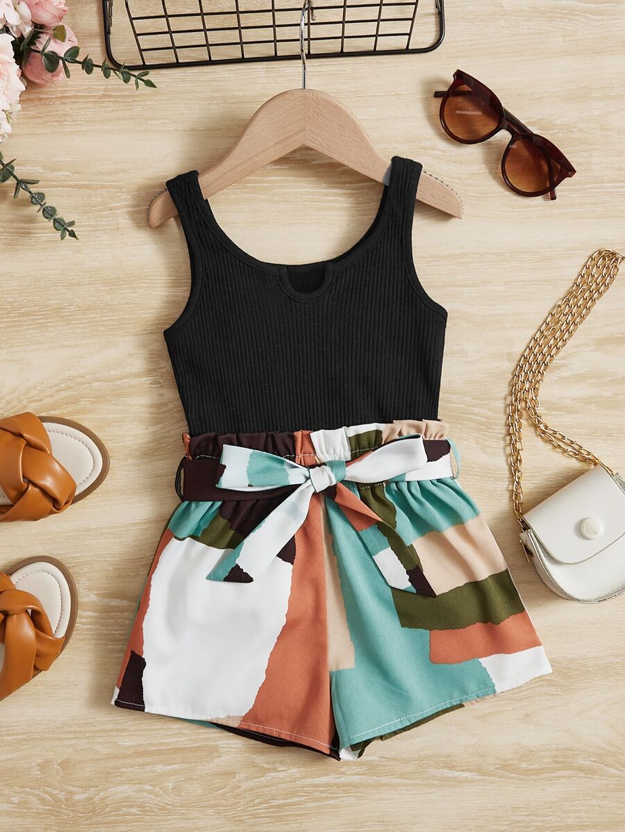 SHEIN Young Girl Toddler Girls Colorblock Belted Tank Romper
