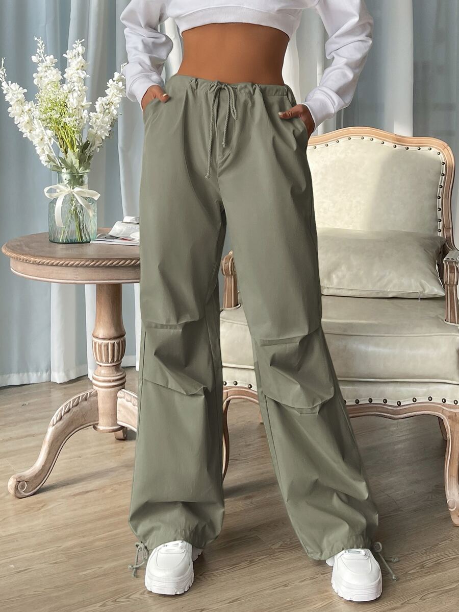 SHEIN EZwear Drawstring Waist Pocket Parachute Pants