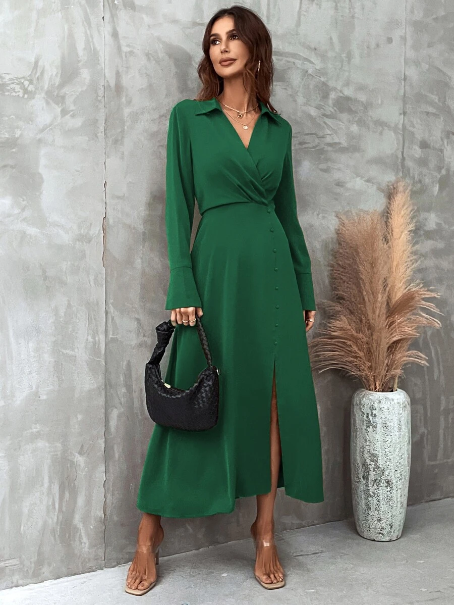 SHEIN Clasi Solid Ruched Detail Fake Button Split Thigh Dress