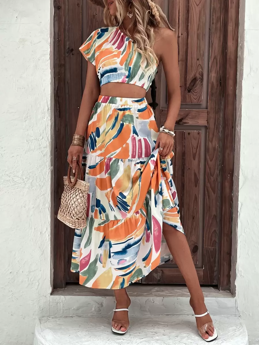 Breezaya Allover Print Crop One Shoulder Blouse & Ruffle Hem Skirt