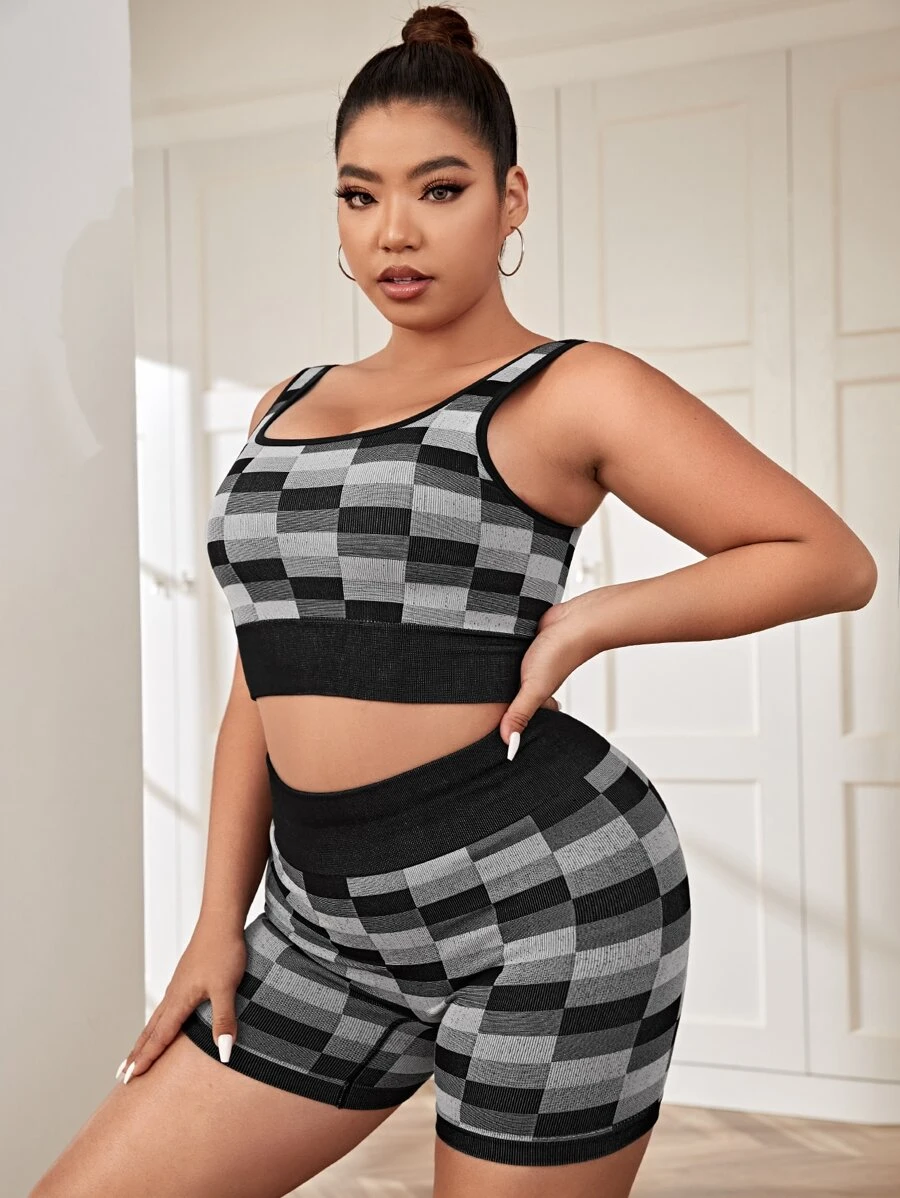 SHEIN Sport Gameset Taglie Forti Set sportivo stretching in quattro direzioni con stampa geo ampia fascia in vita
