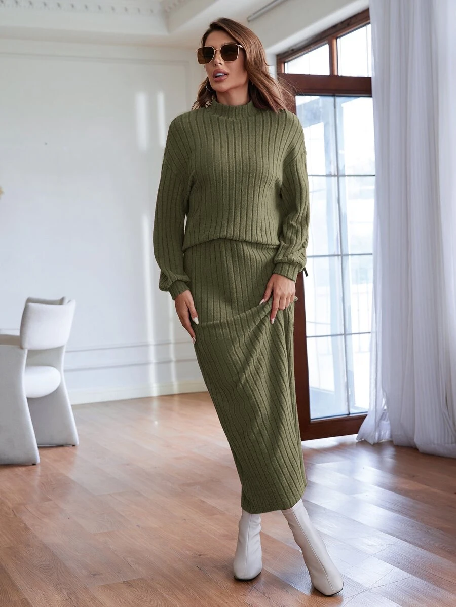 SHEIN Clasi Solid Mock Neck Drop Shoulder Tee & Skirt Thread Ribbed