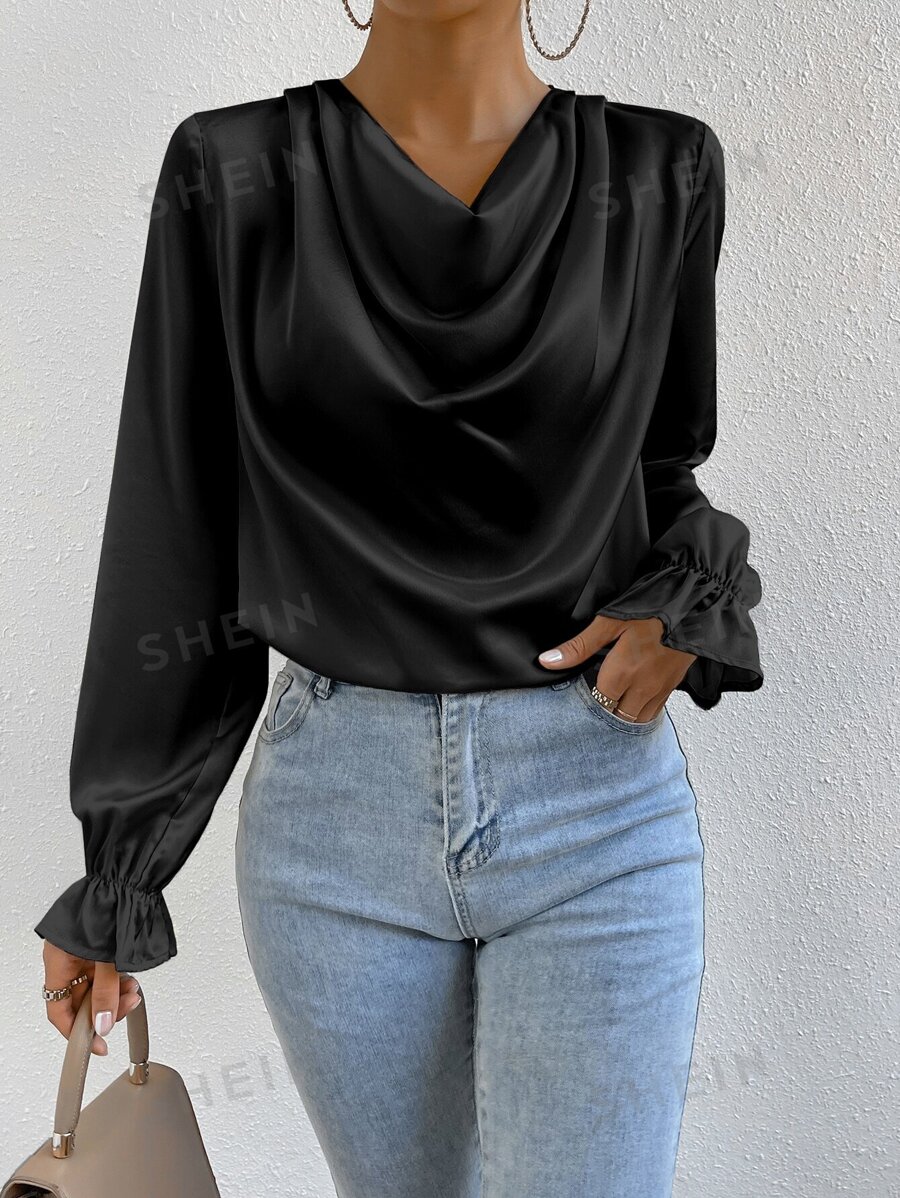 RosyDaze Blusa con fruncido delantero de manga con volante de satén
