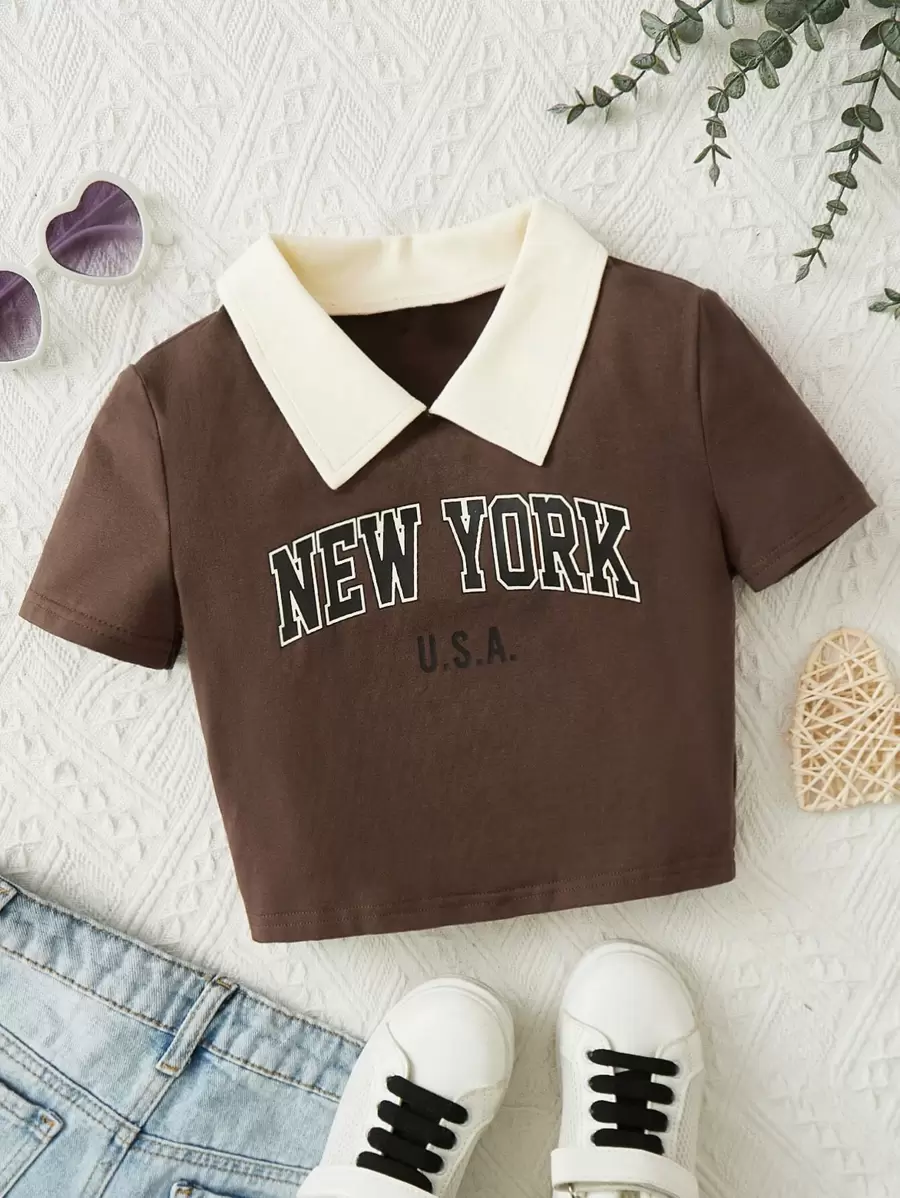 SHEIN Tween Girl Knit Letter Print Contrast Color Block Round Neck Short Sleeve T-Shirt, Casual Style Suitable For Summer