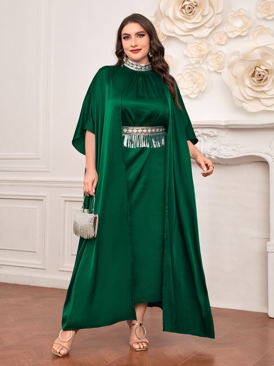 SHEIN Modely Plus Pearls Detail Mock Neck Dress & Batwing Sleeve Coat