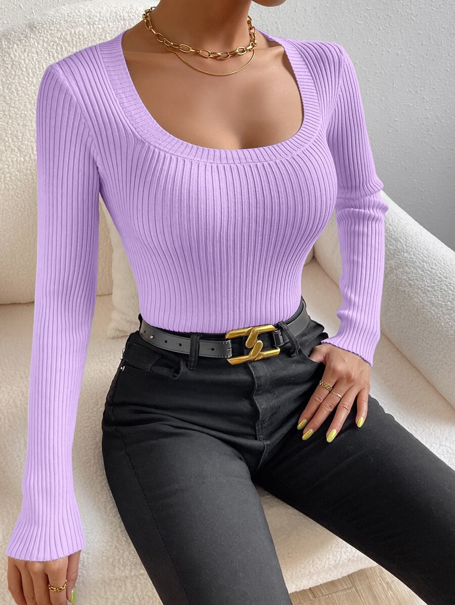 Calvaya Scoop Neck Ribbed Knit Sweater,Long Sleeve Tops