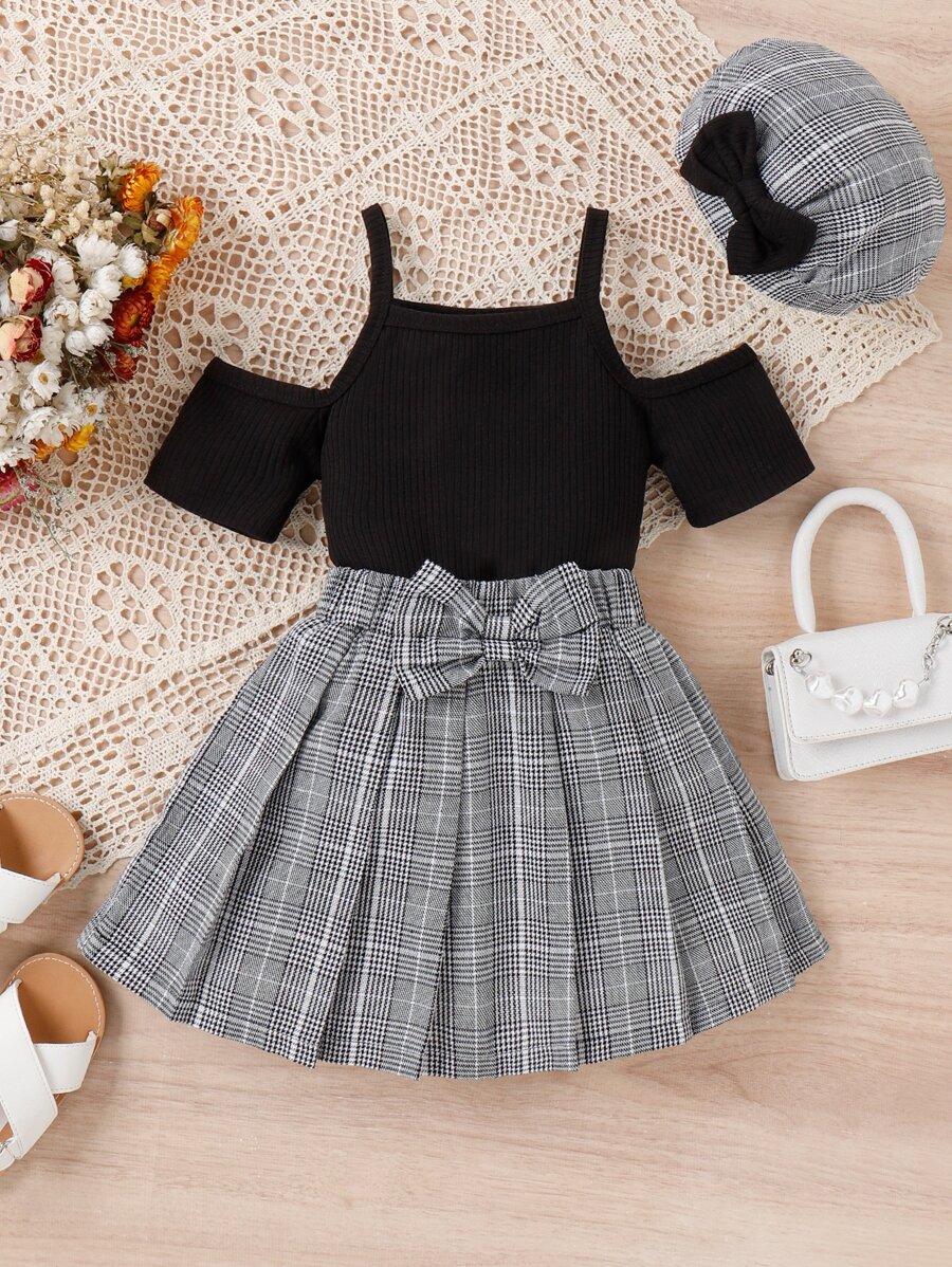 SHEIN Young Girl Cold Shoulder Tee & Plaid Pleated Bow Front Skirt & Hat