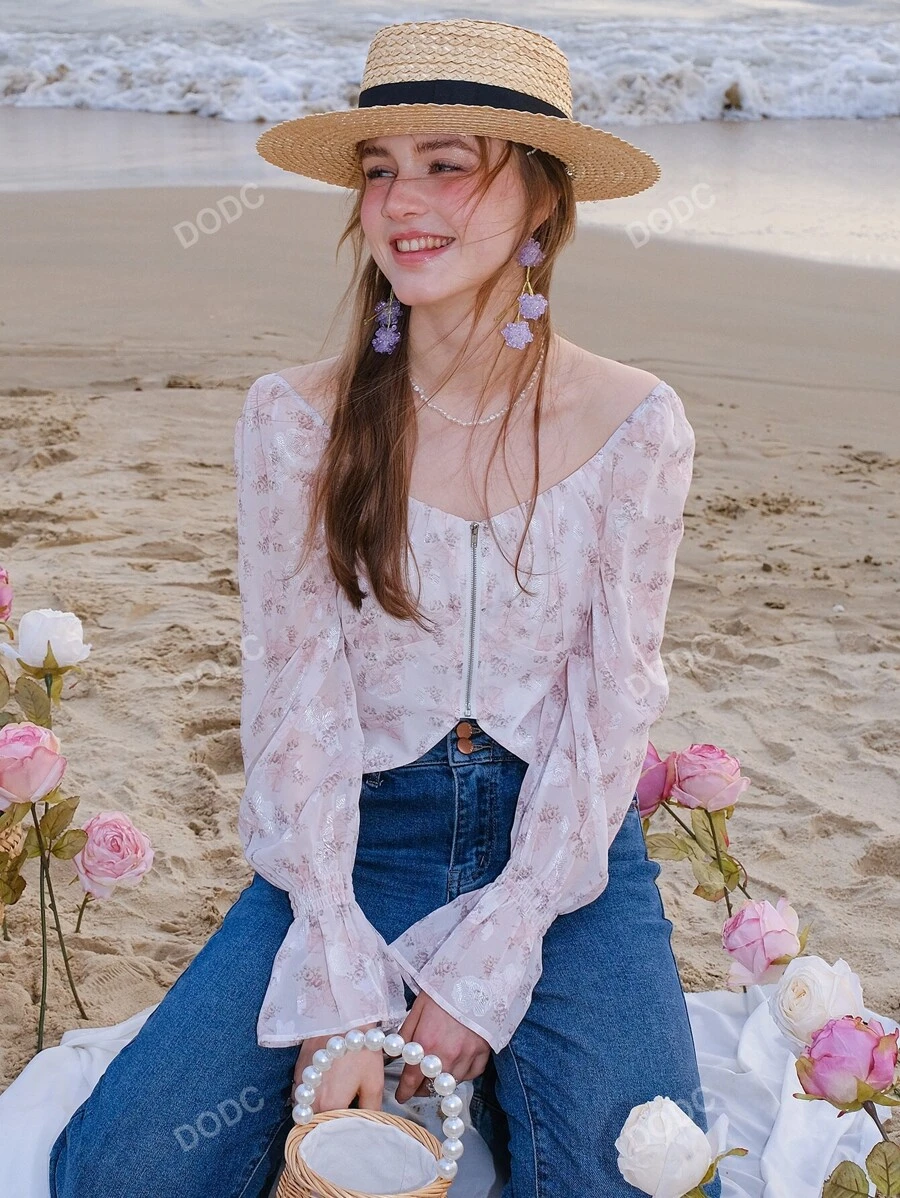 Floral Print Flounce Sleeve Zip Up Crop Blouse