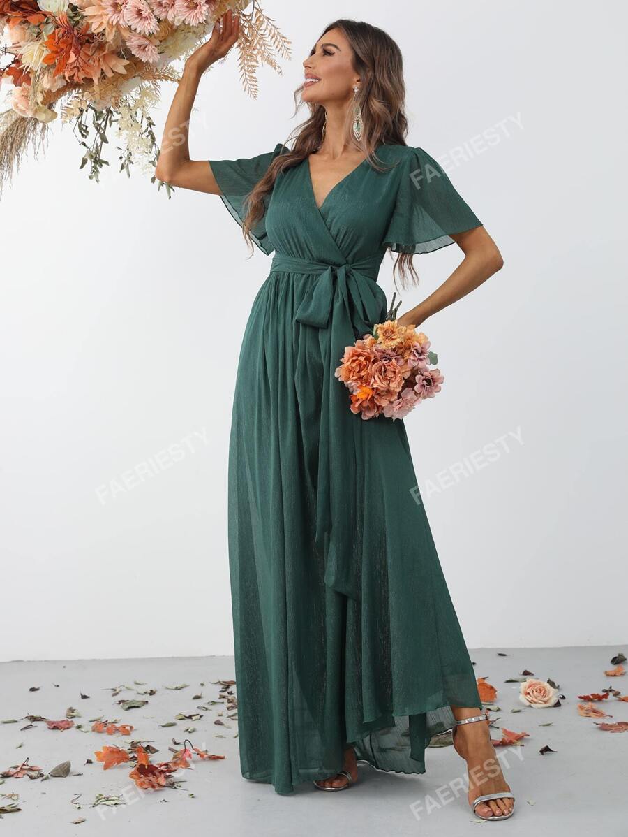 Faeriesty Elegant Cross V-Neck Flounce Sleeve Maxi Dress With Belted Waist For Spring-Summer | Perfect For Garden Weddings, Resort Getaways & Special Occasions Bridesmaid Dress