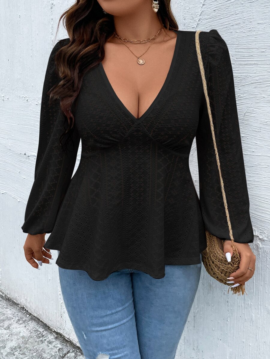 Calvaya Plus Eyelet Embroidery Lantern Sleeve Peplum Tee