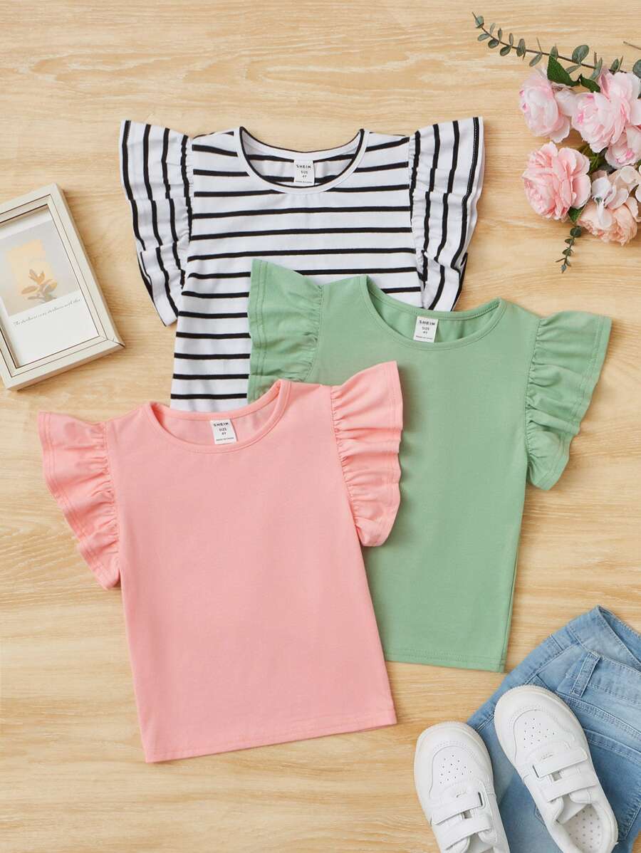 SHEIN 3 Stücke gestreiftes T-Shirt mit Rüschenbesatz für junge Mädchen