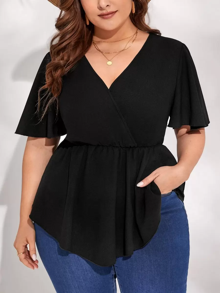 SHEIN Clasi Plus Solid Surplice Front Peplum Blouse