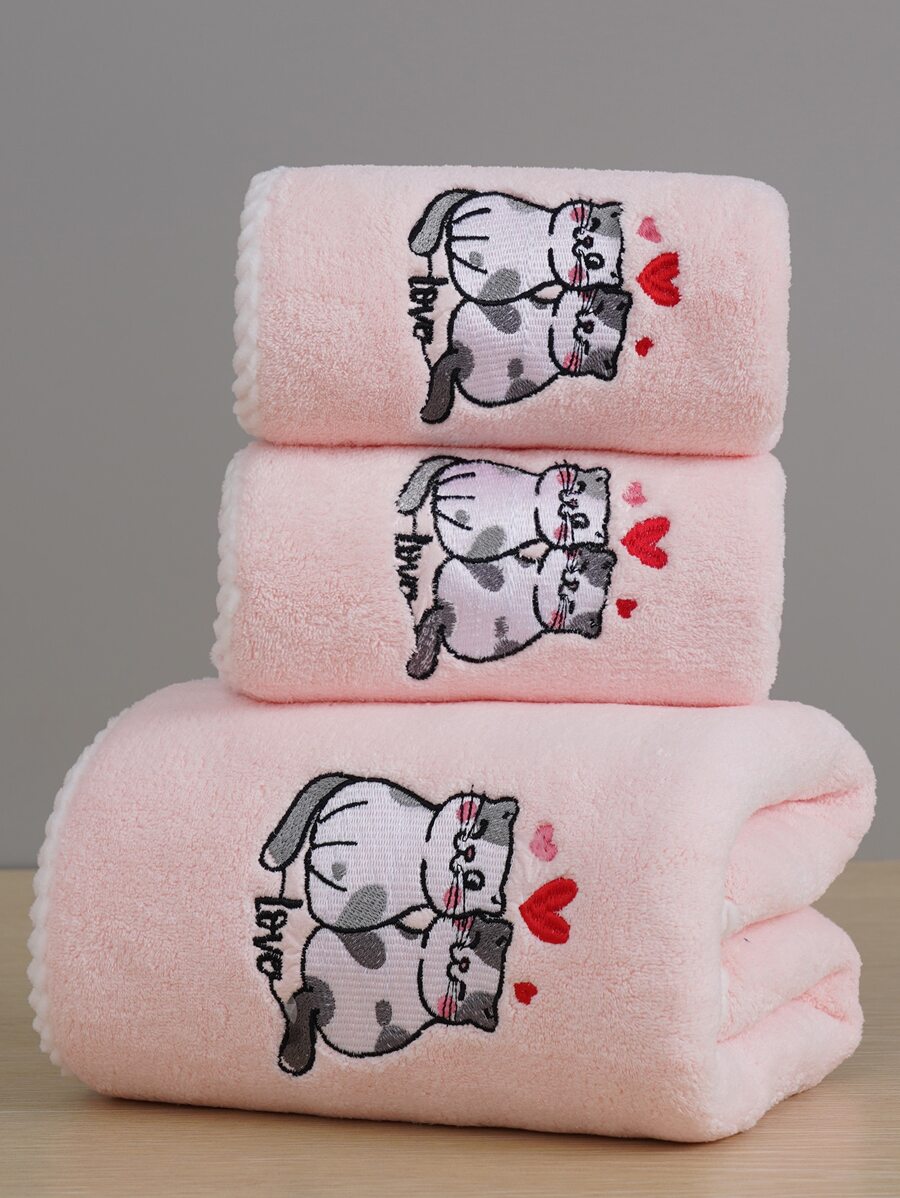 1pc Coral Velvet Embroidered Heart Love Cartoon Cat Design Bath/Hand Towel, Couple Party & Valentine Gift Home Bathroom Decor Back To School For Beauty Salon Home Bathroom