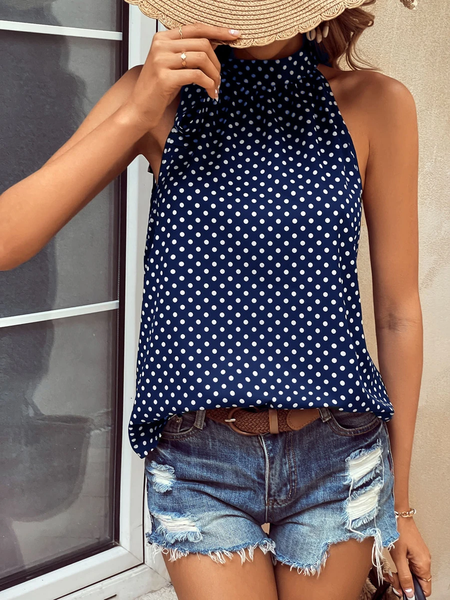 SHEIN LUNE Polka Dot Print Mock Neck Blouse