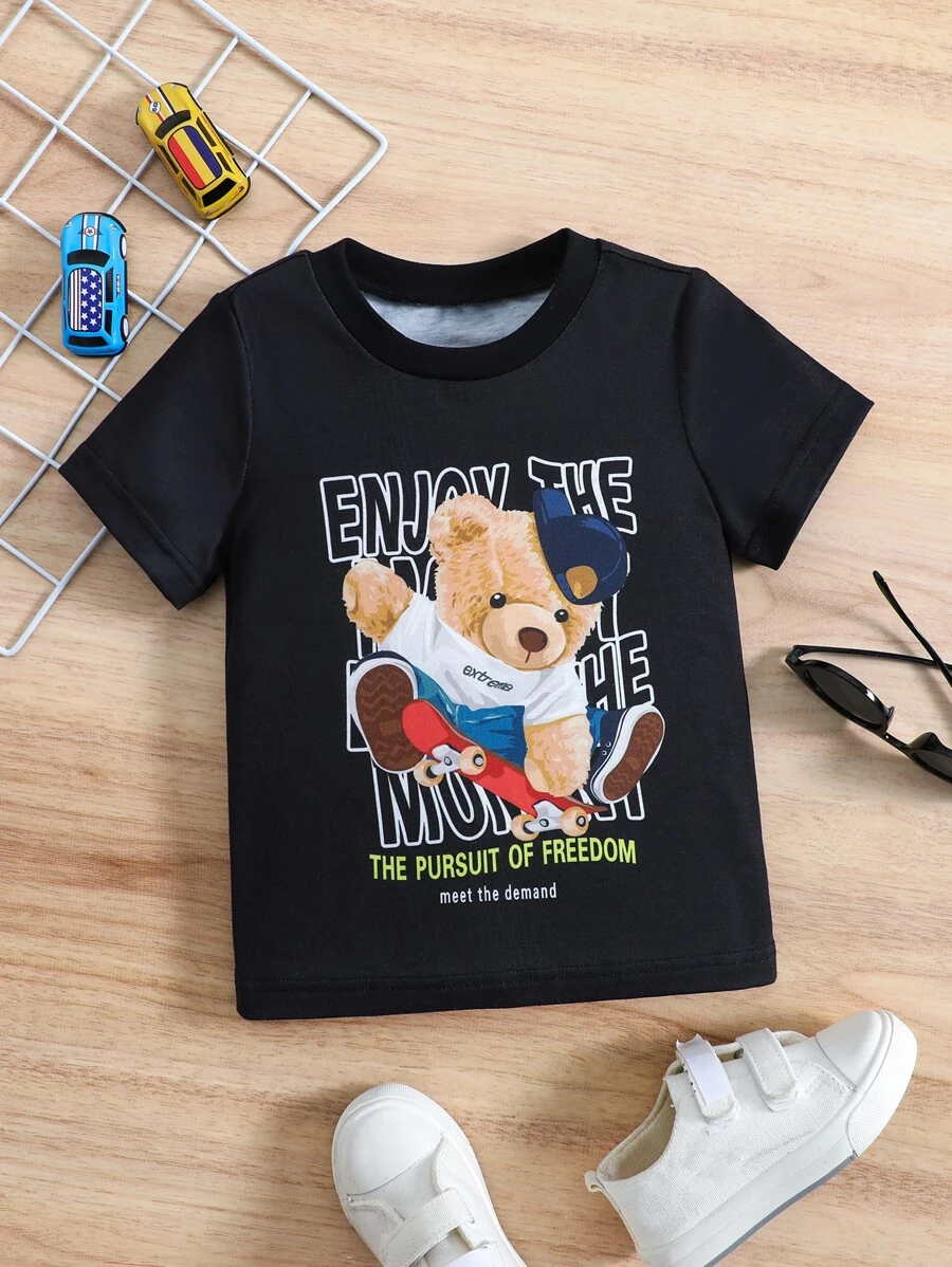 SHEIN garoto jovem Ocasional Preto Cartoon Slogan Camiseta , Redondo Gola , Manga Regular , Verão