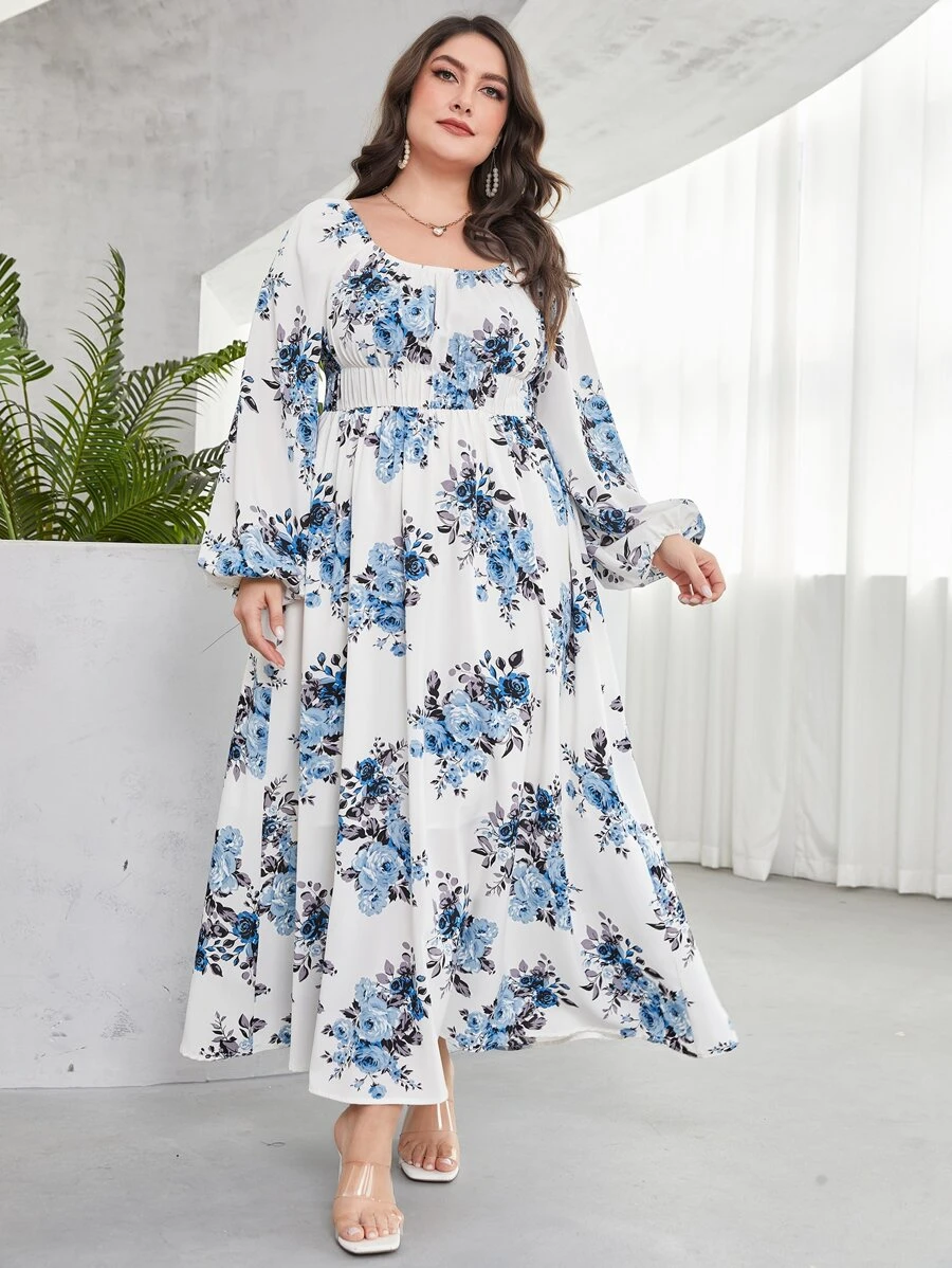 Mulvari Boho Bloemen Volledig geprint Grote maat jurk