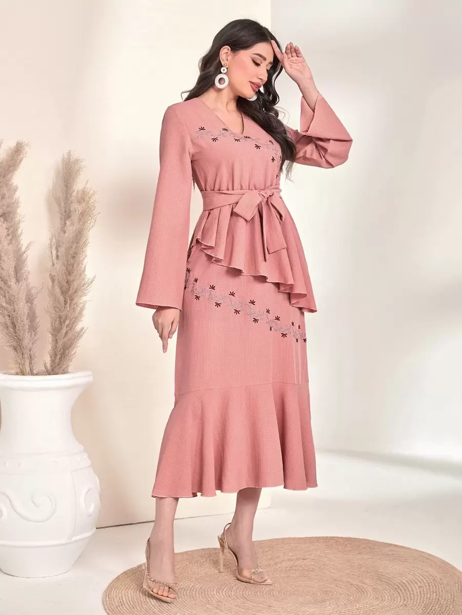 Al Najma Embroidery Floral Belted Peplum Dress