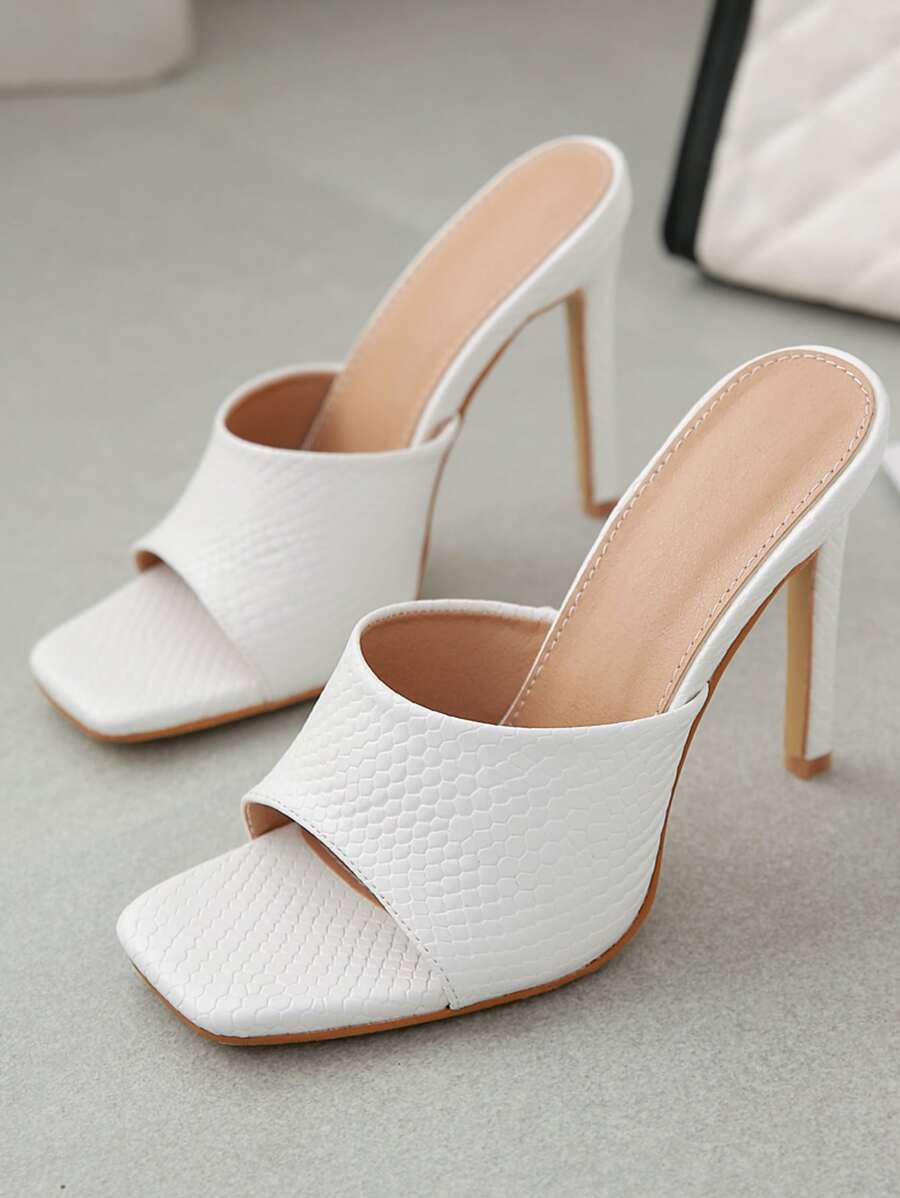 Women Snakeskin Embossed Stiletto Heeled Mule Sandals, Elegant Summer Heeled Sandals