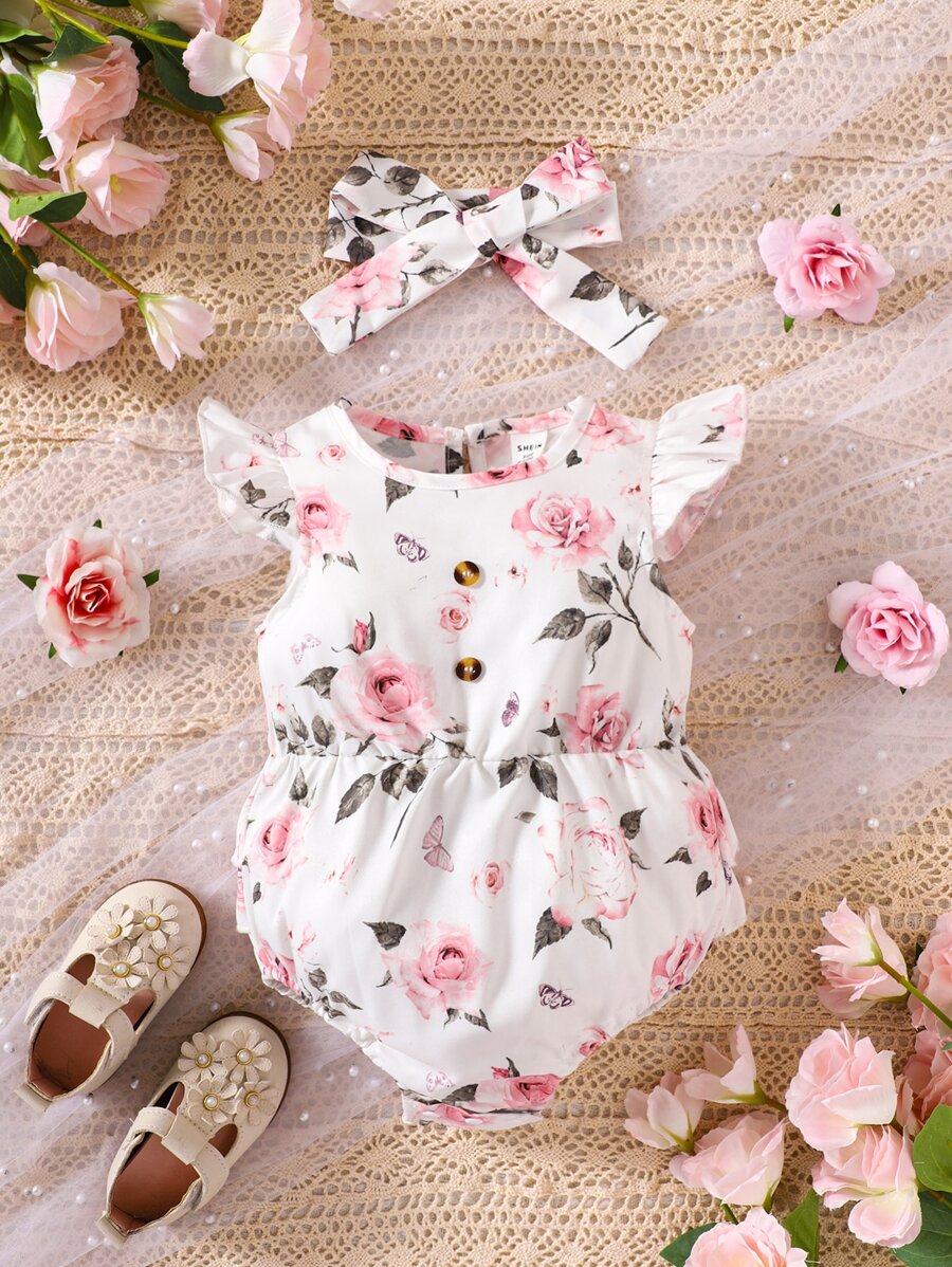 Baby Floral Print Ruffle Trim Bodysuit & Accessory Headband