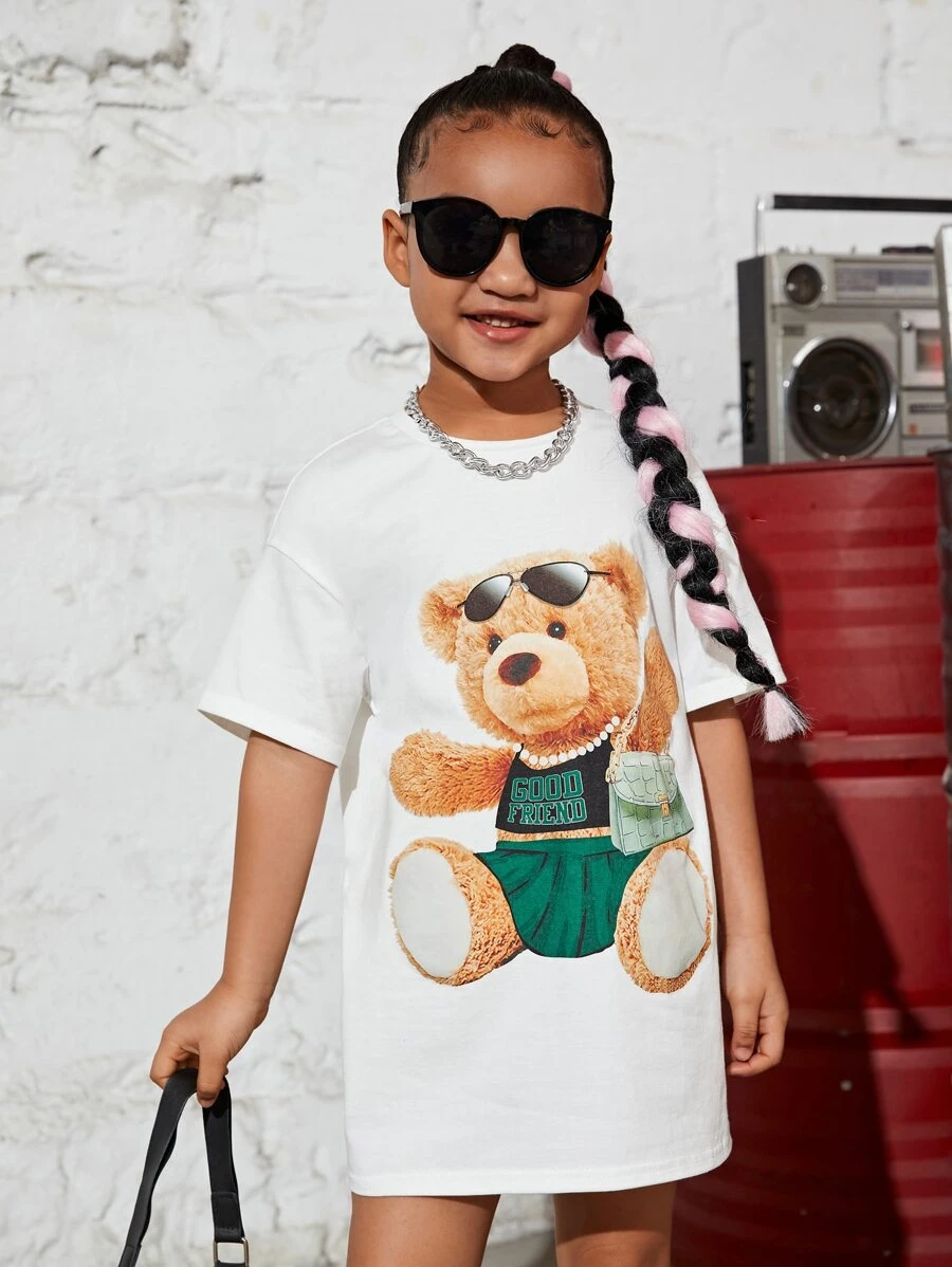 SHEIN Toddler Girls Bear Print Drop Shoulder Tee Dress