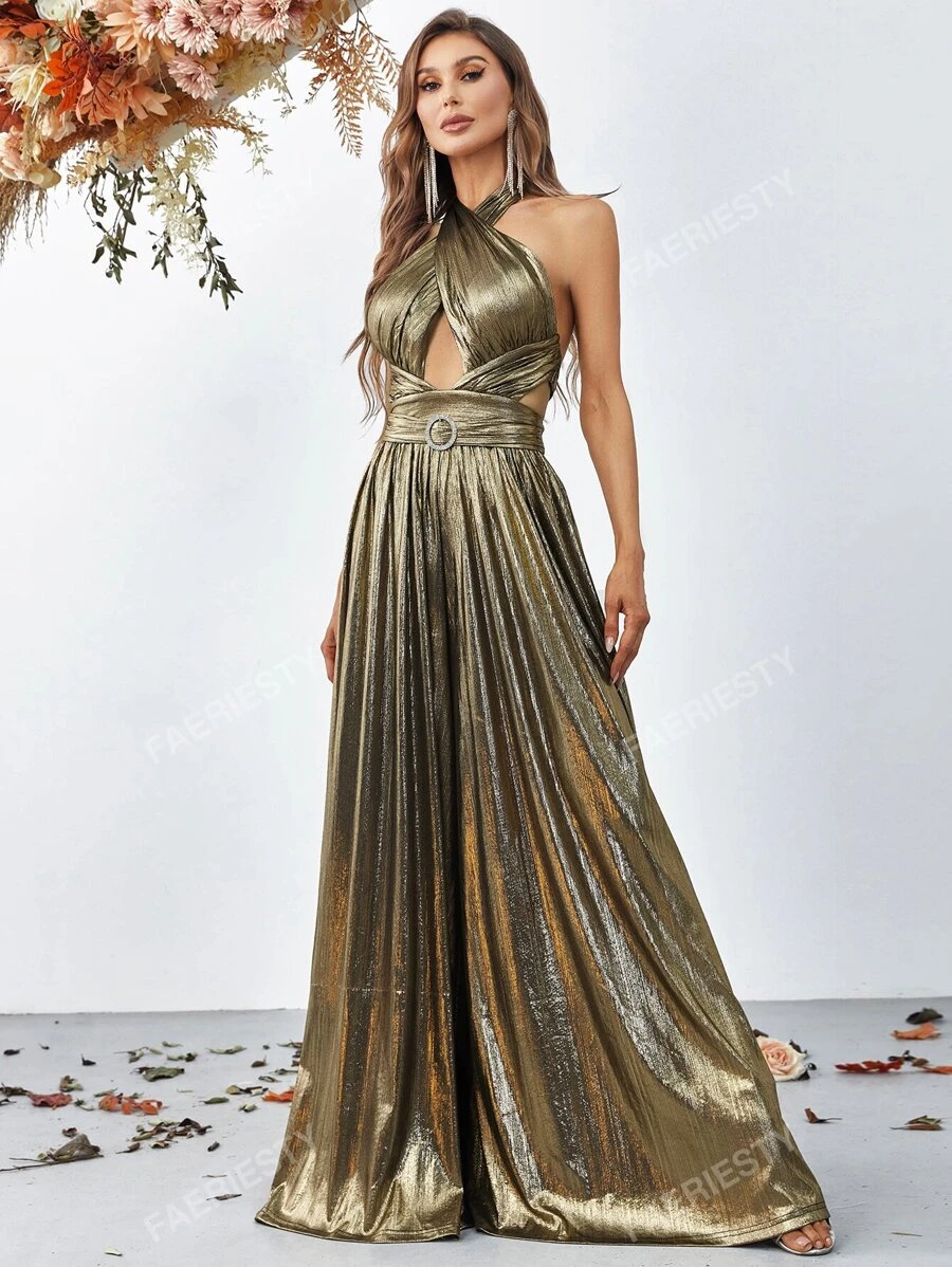 Faeriesty Cross Wrap Front Backless Metallic Halter Wide Leg Elegant Jumpsuit