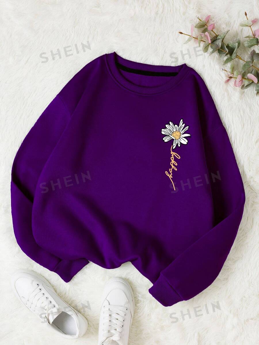 INAWLY Sudadera térmica con estampado de letras y flores, tops de manga larga