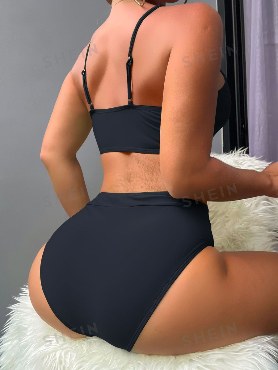 Shein Swim Plain Drawstring Front Bikini Swimsuit Black Bathing Suit Shein Usa