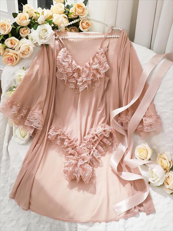 Contrast Lace Satin Lingerie Set With Robe Shein Usa