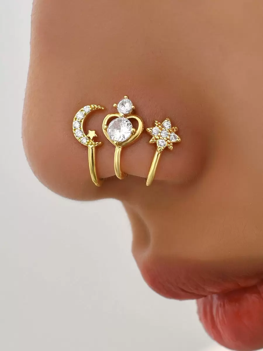 3pcs/set Cubic Zirconia Moon & Star Decor Nose Ring Copper Popular Piercing Body Jewelry Gift For Women & Men