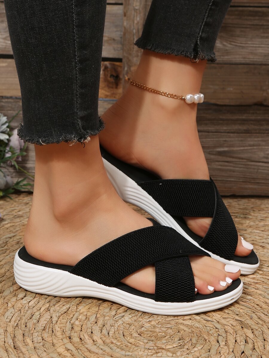 Women Cross Strap Flat Sandals Fashion Black Slide Sandals
