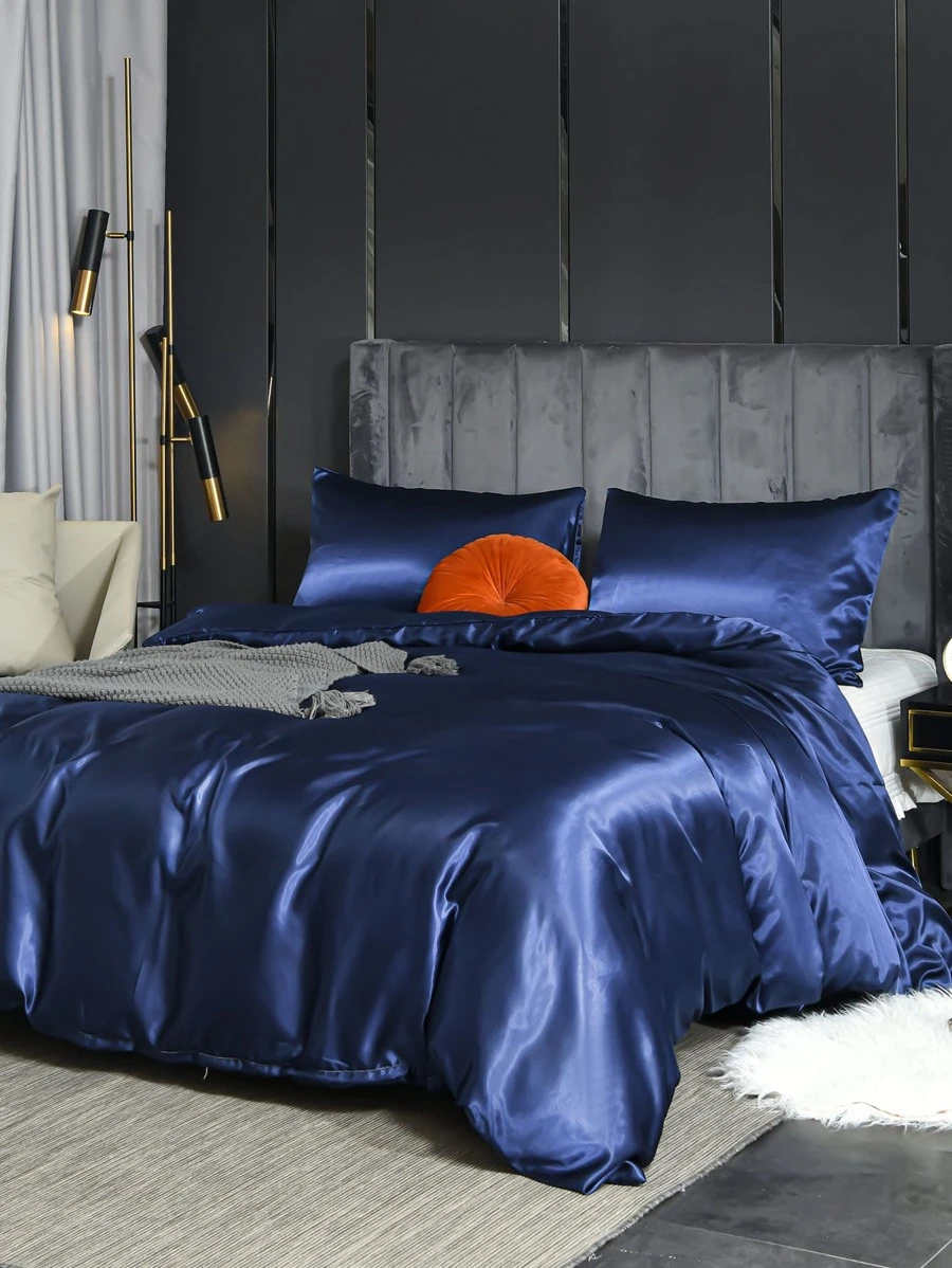 3pcs Satin Duvet Cover Set, Imitation Silk Bedding Set, Solid Color Quilt Cover Set (1pc Duvet Cover And 2pcs Pillowcases)