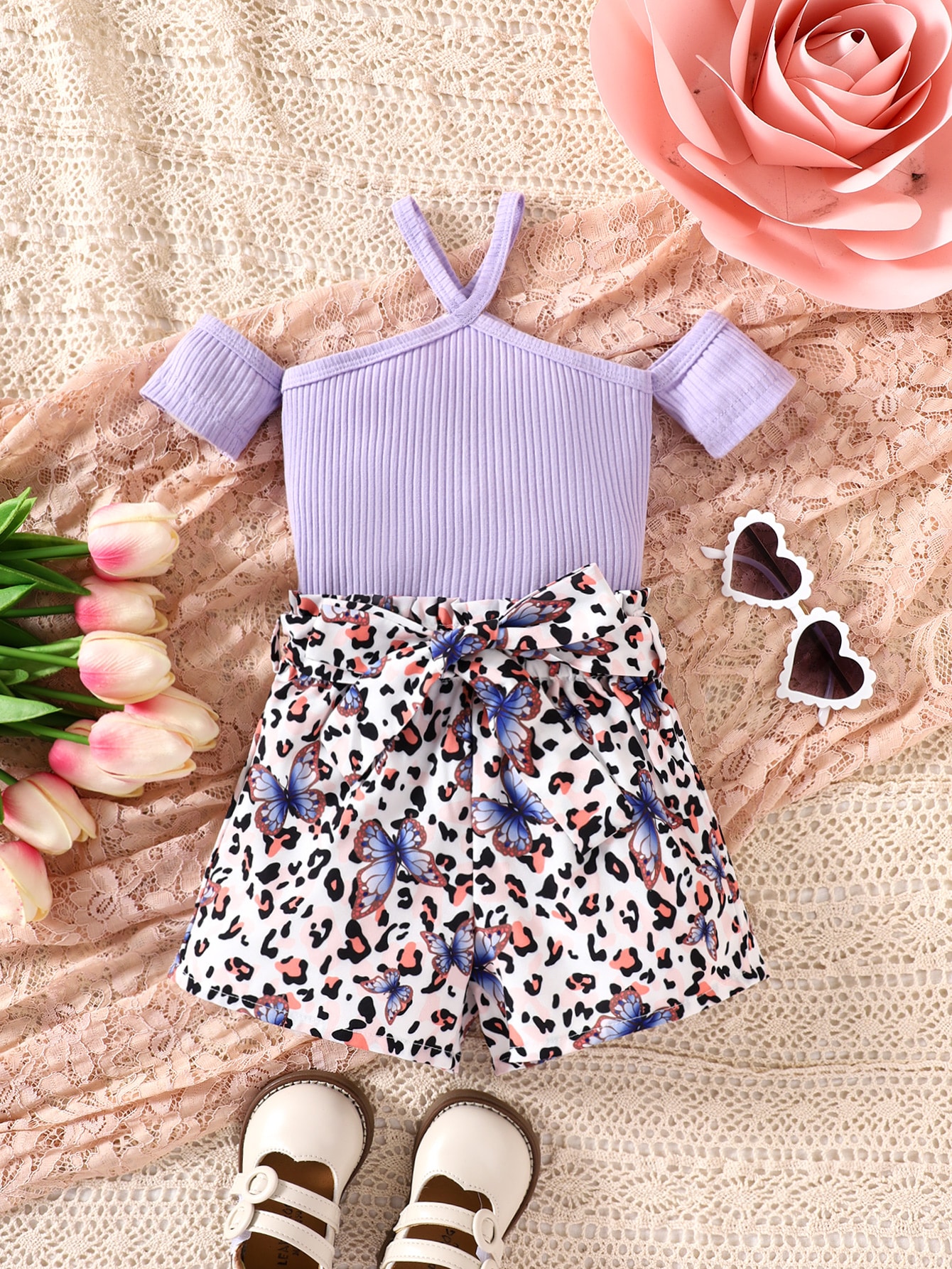 Baby Cold Shoulder Top & Leopard Print Paperbag Waist Shorts