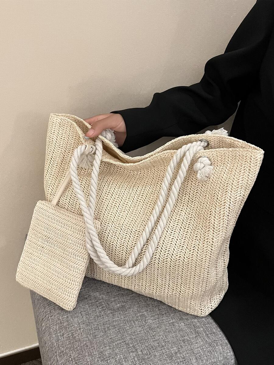 Bolso de paja minimalista y casual, ligero, con monedero para adolescentes y mujeres estudiantes universitarias, perfecto para el colegio, exteriores, viajes, salidas, vacaciones. Una bolsa de playa de verano de moda para mujeres, un accesorio esencial para las vacaciones que combina perfectamente con los accesorios de playa femeninos.