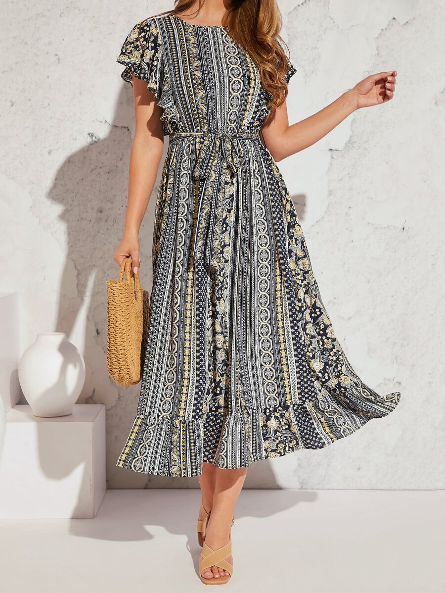 SHEIN VCAY Floral and Geo Print Butterfly Sleeve Ruffle Hem Belted Dress