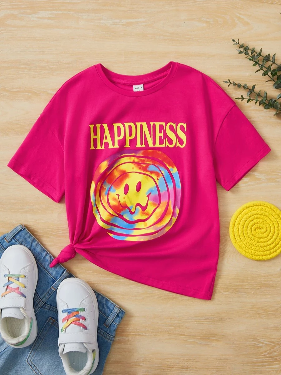 SHEIN Tween Girl Cute Cartoon Pattern Knitted Comfortable Casual Short Sleeve T-Shirt With Round Neckline