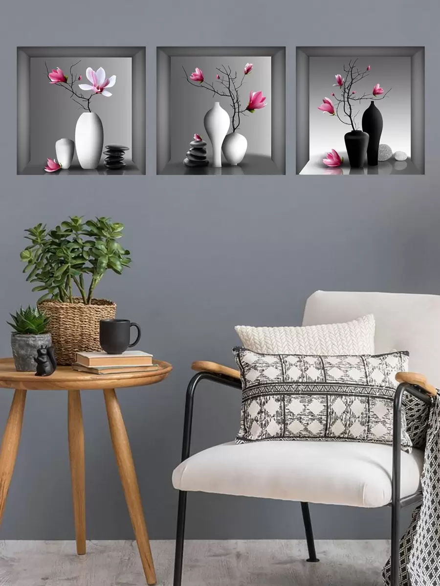 3 pièces Sticker mural à motif floral, Stickers, Décalcomanie murale, Décalcomanie vinyle pour la décoration de la maison, Articles de décoration printanière qui rafraîchissent votre maison, Stickers de décoration Rama